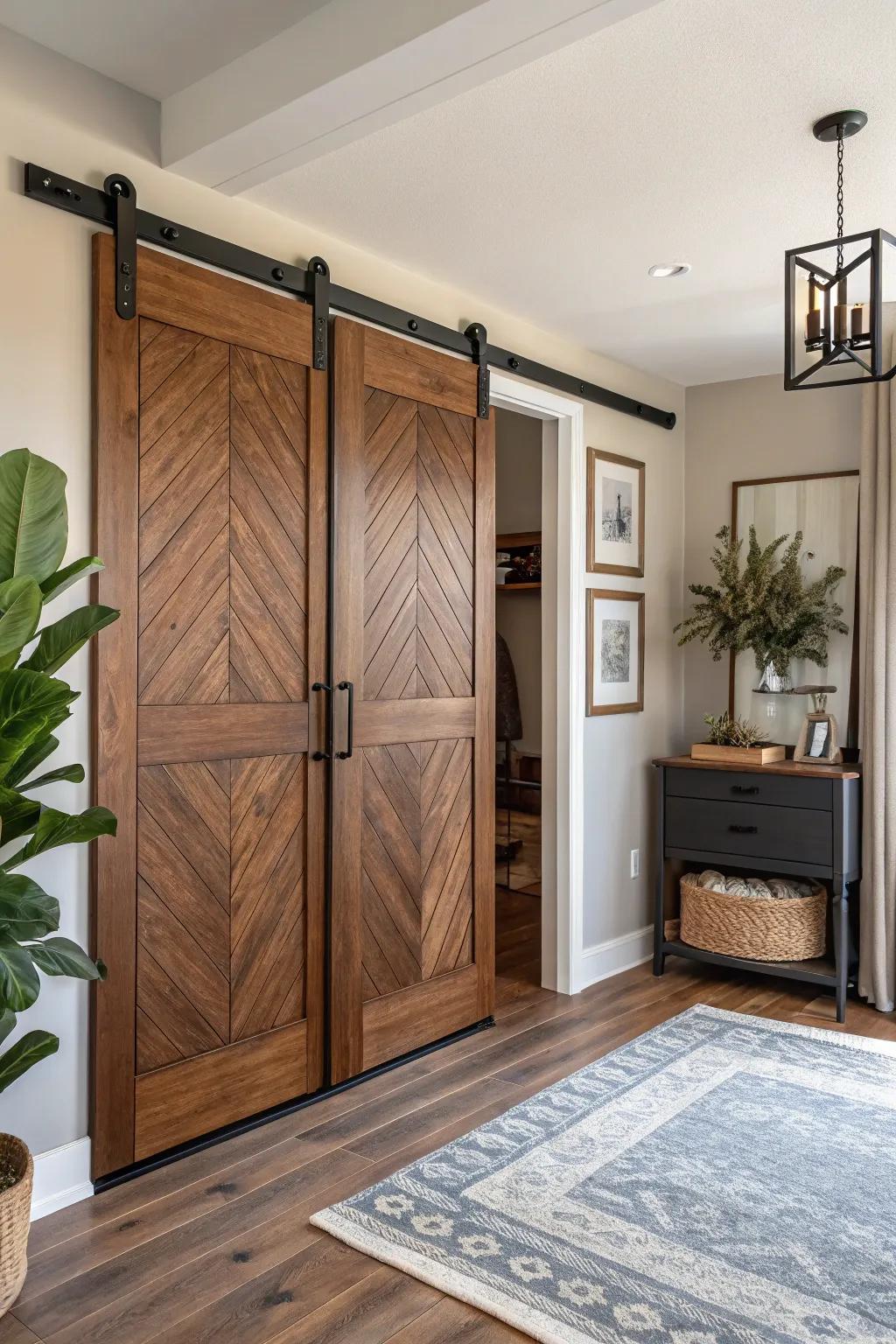 Add depth and character with closet doors crafted from mixed materials. #InteriorStyle #MixedMaterials #HomeDetails