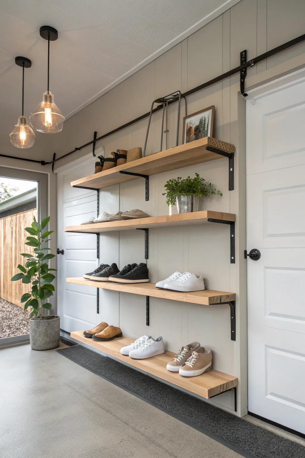Achieve a minimalist vibe with sleek floating shelves that declutter your garage.
