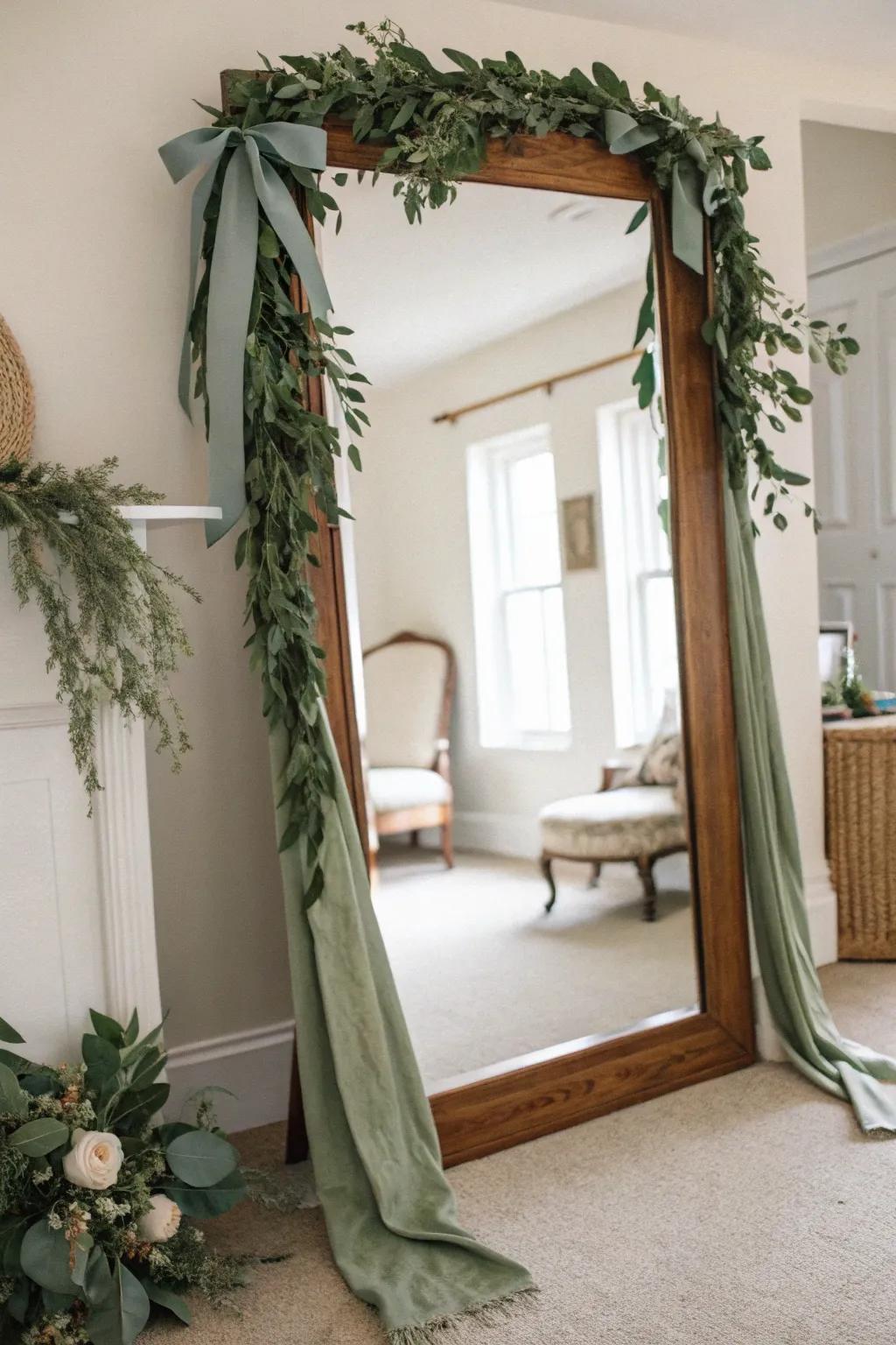 Reflect beauty and elegance by framing your mirror with lush garlands and rich textures.