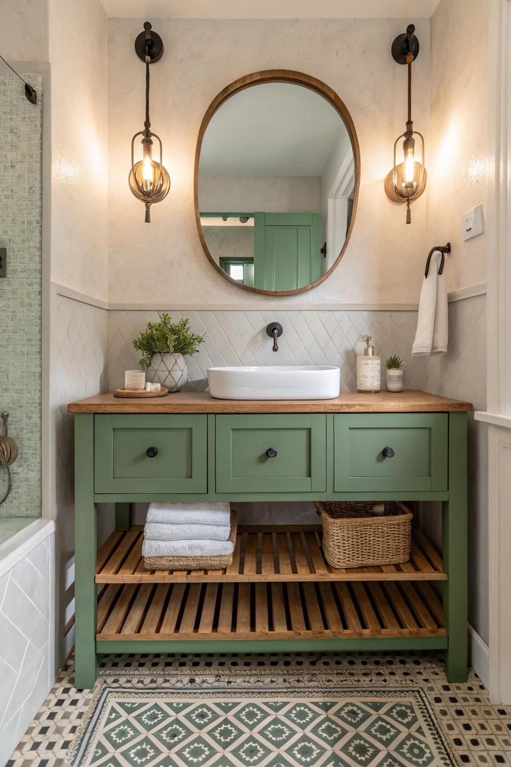 Illuminate your space with contemporary lighting that complements your green vanity.