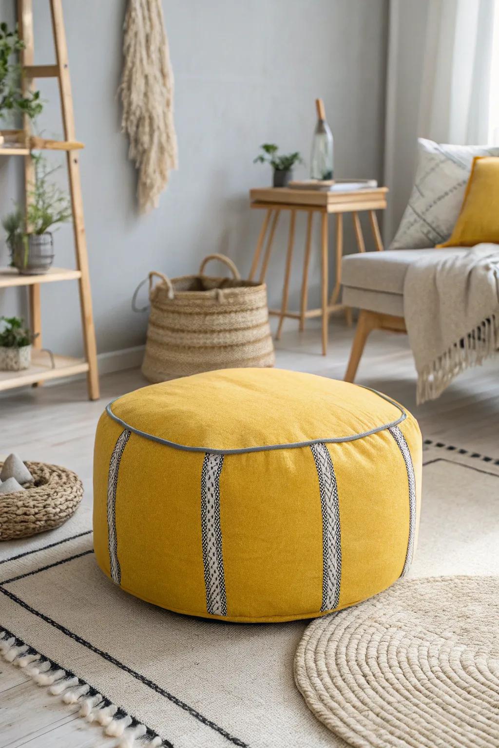 Add style and seating with a vibrant yellow pouf, beautifully accented with grey. #ModernSeating #LivingRoomStyle