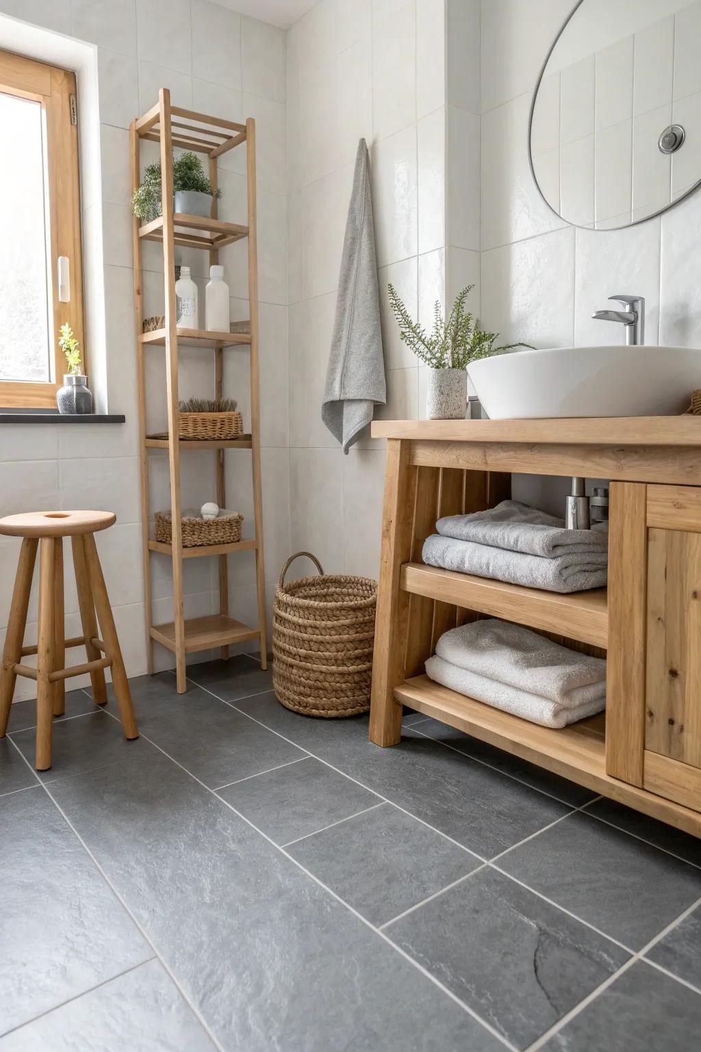 Wooden accents bring warmth and character to grey tiled bathrooms, enhancing their cozy appeal.