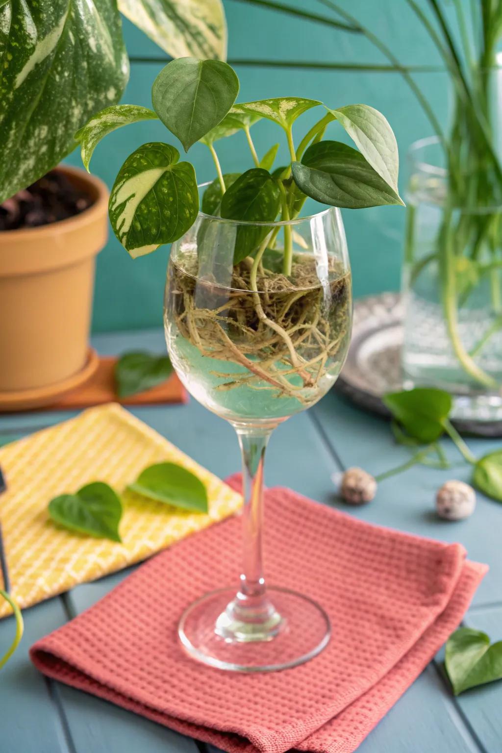 Elevate your dining experience with the grace of pothos in wine glasses 🌿🍷 #TableDecor #ElegantLiving