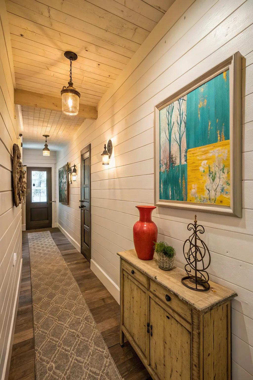 Add rustic charm to your hallway with shiplap that speaks of warmth and simplicity.