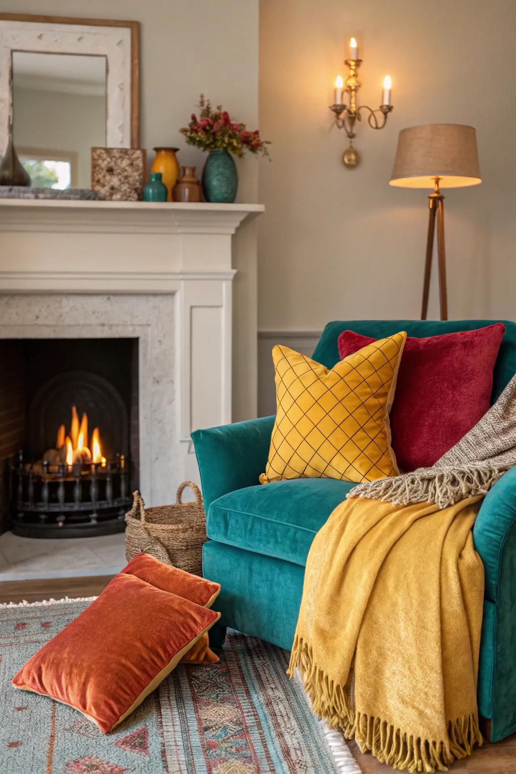Layering textures adds depth and warmth to your hearth room.
