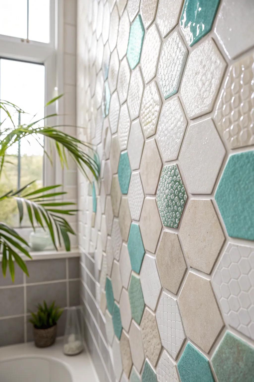 Create visual intrigue with a mix of hexagon tile sizes that dance across your shower walls.