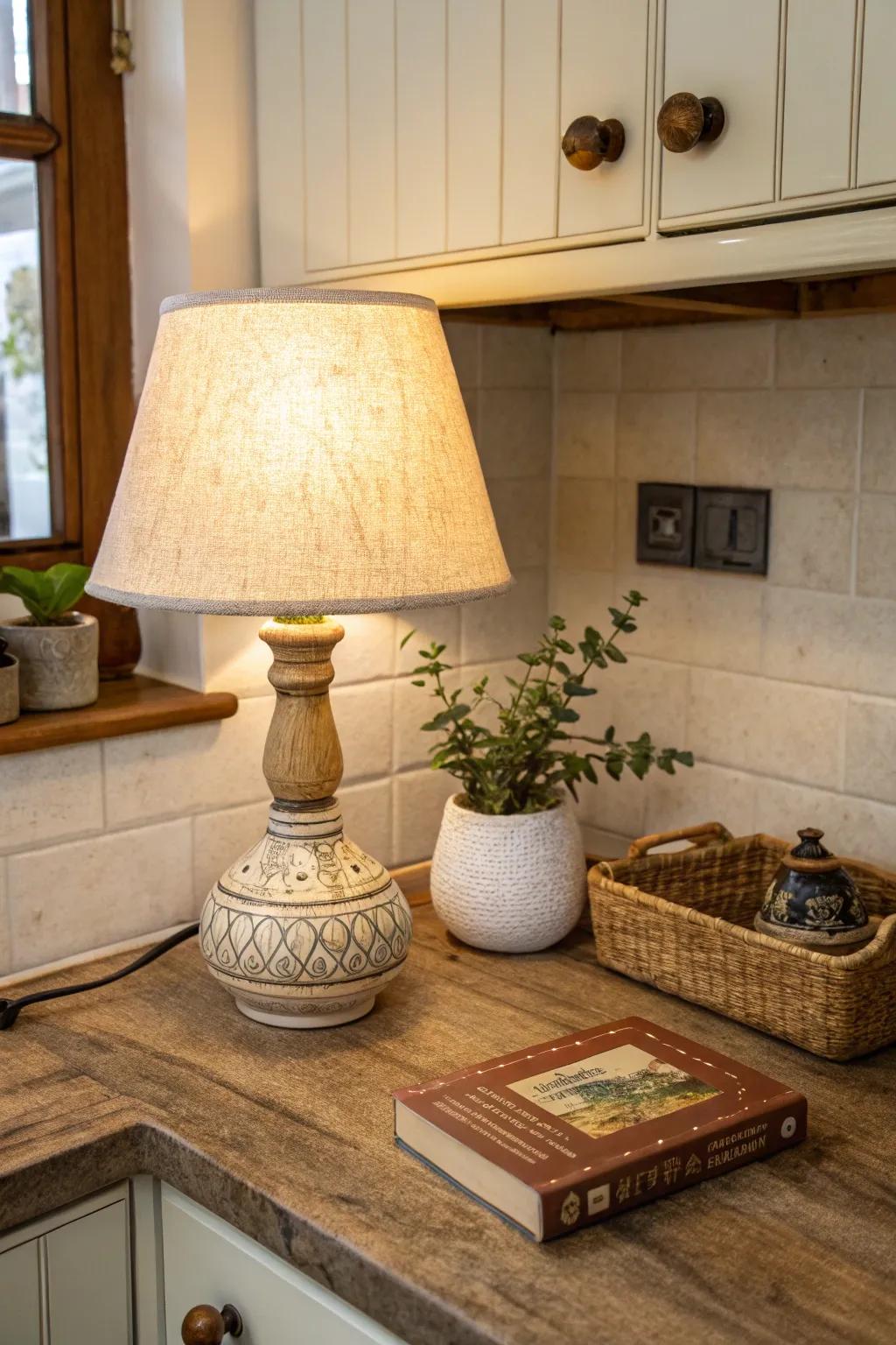 A small lamp casts a comforting glow, making your kitchen feel like a retreat.