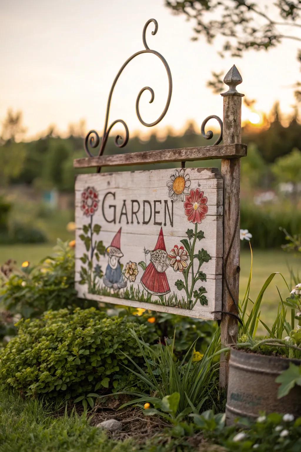 Make your garden a magical retreat with a whimsical sign nestled among the blooms.