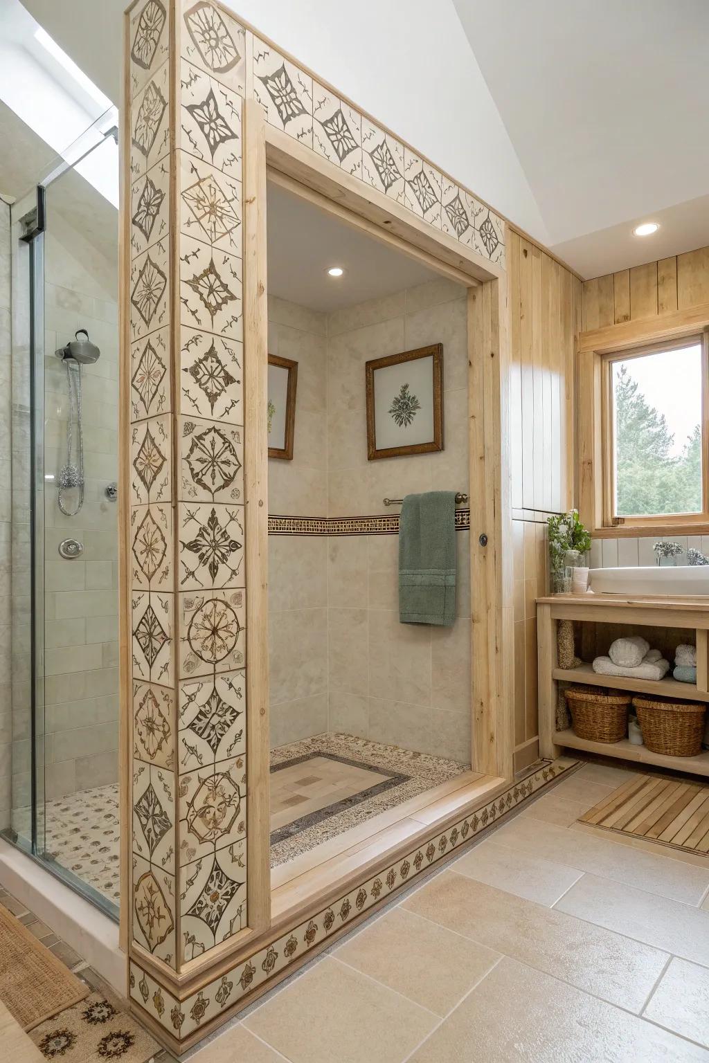 Frame your shower with beautiful decorative borders for a sophisticated touch. 🌿 #ElegantDesign #ShowerGoals