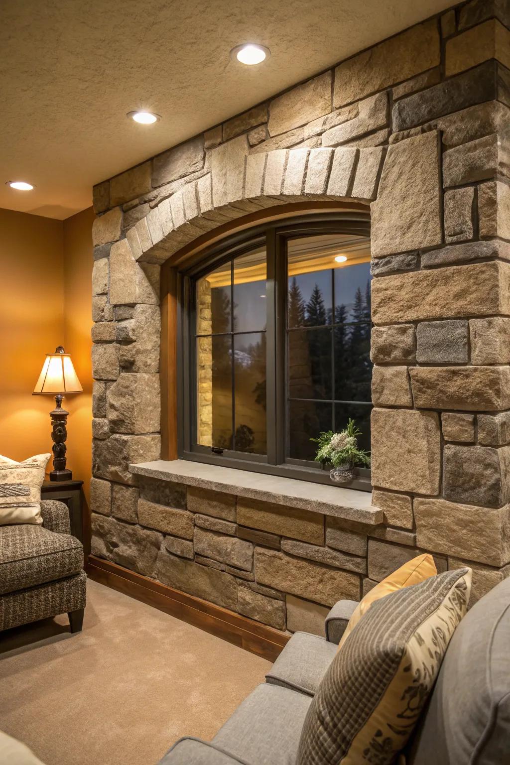 Ground your space with textured stone trim, blending luxury with nature.
