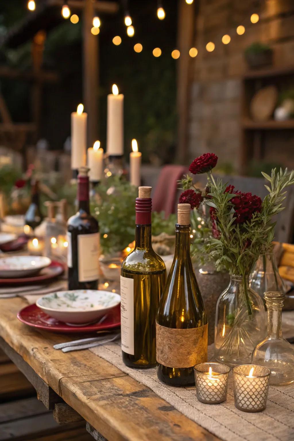 Repurpose wine and olive oil bottles for a touch of rustic charm.