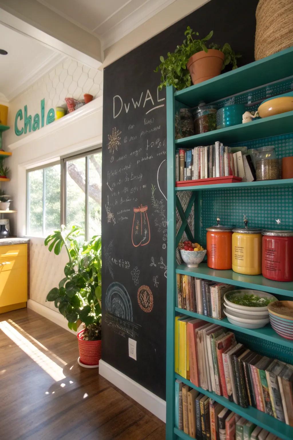Merge practicality and creativity with a chalkboard and shelf combination in your kitchen.