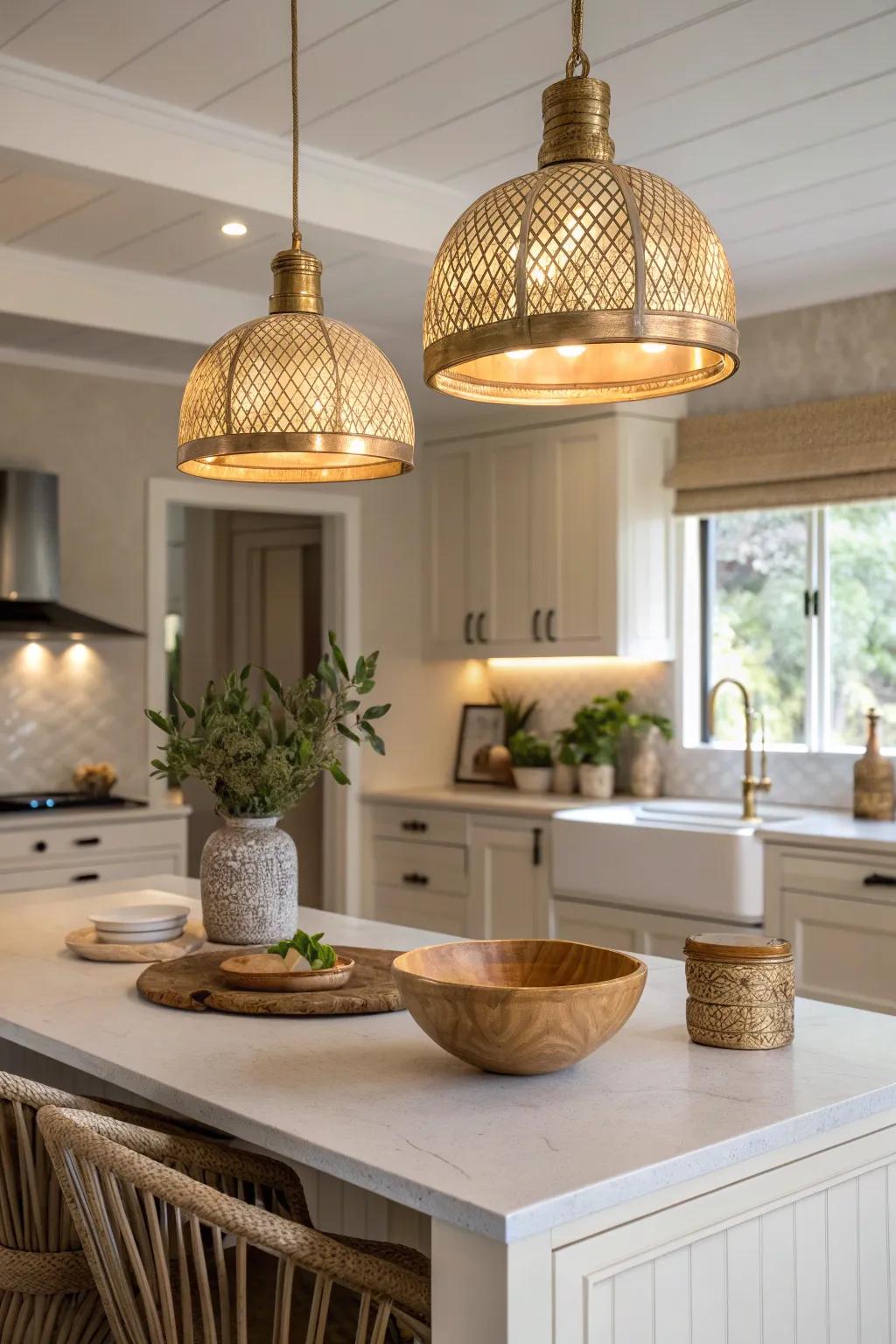Elevate your kitchen's style with striking pendant lights that add a touch of elegance.