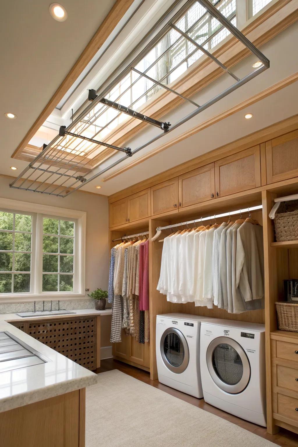 Maximize your laundry room's space with ceiling-mounted storage solutions. #SpaceSaving #LaundryRoomHacks