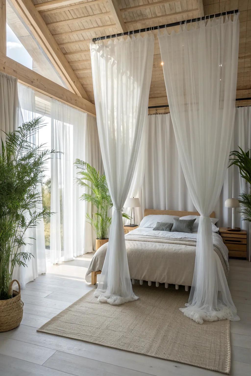 Drawing the eye upwards with high curtains and vertical storage maximizes space.