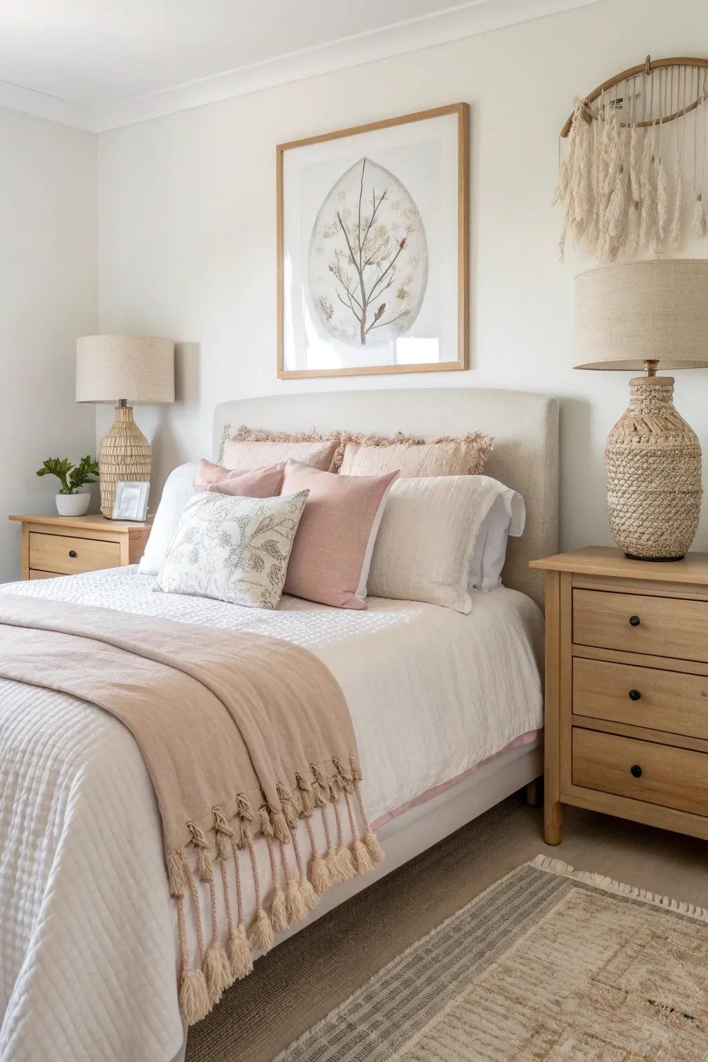 Accent pieces like lamps and art add personality to a serene bedroom setting.
