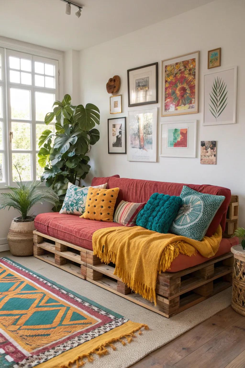 Embrace boho bliss with a pallet sofa decked in layered, eclectic patterns. 🧡 #BohoChic #EclecticDecor