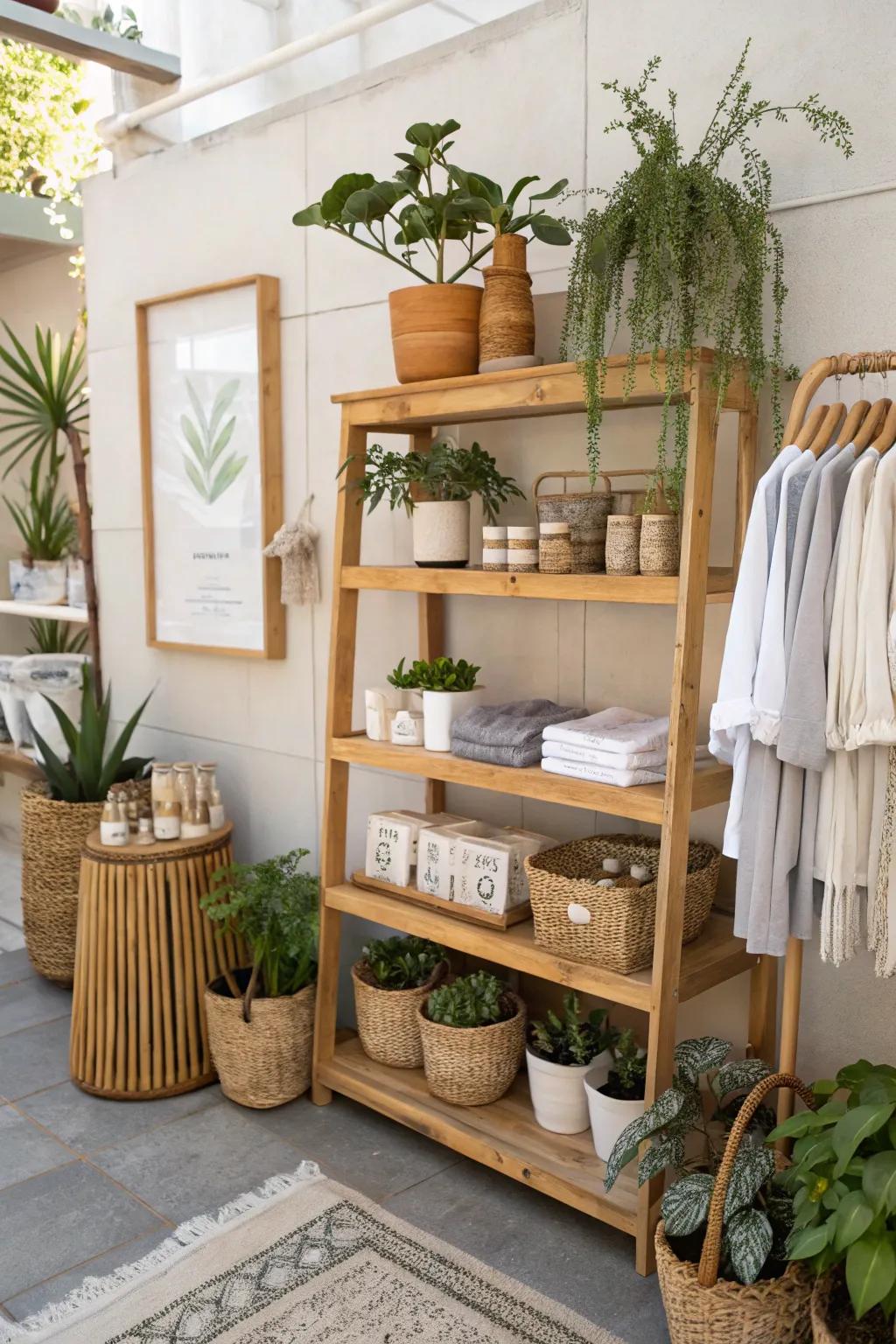 Bring nature indoors with wood and greenery for a refreshing display.