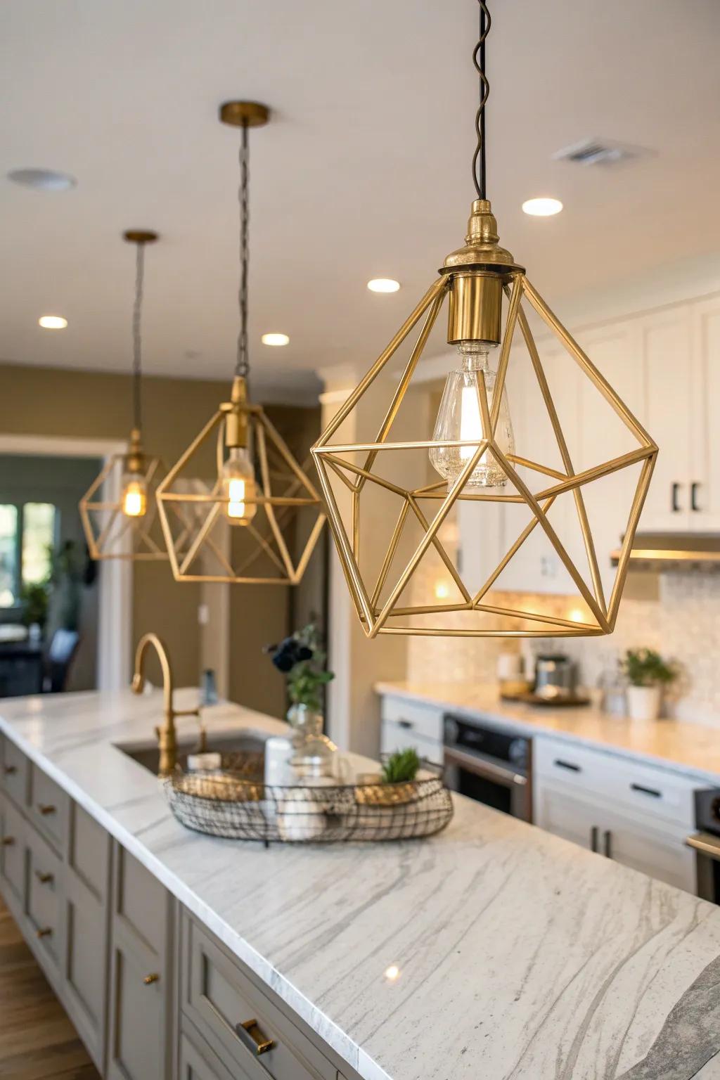 Add a modern twist with geometric light fixtures that bring a playful element to your kitchen.