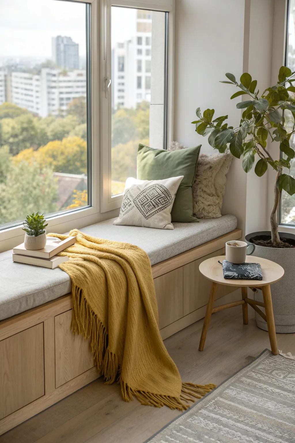 A cozy window seat with a view provides the perfect spot for relaxation and inspiration. #WindowSeat #CozyNook #OfficeDesign