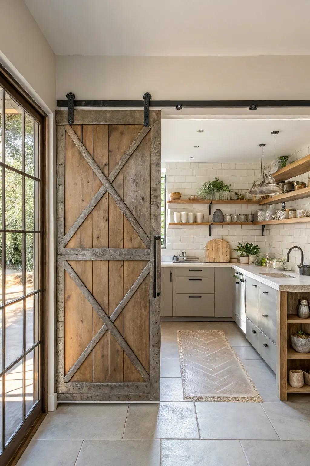 Metal barn doors bring an industrial vibe, perfect for urban and loft-style kitchens.