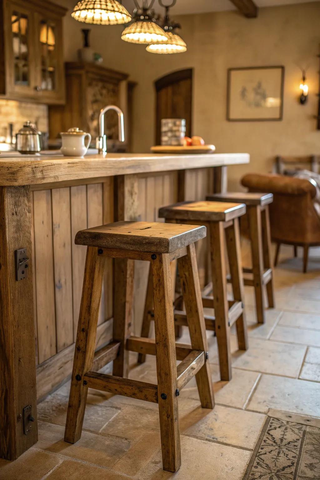 Add rustic warmth with reclaimed wood stools that evoke farmhouse charm.