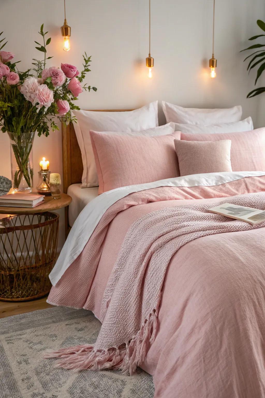 Create a cozy retreat with soft pink bed linens that invite relaxation.