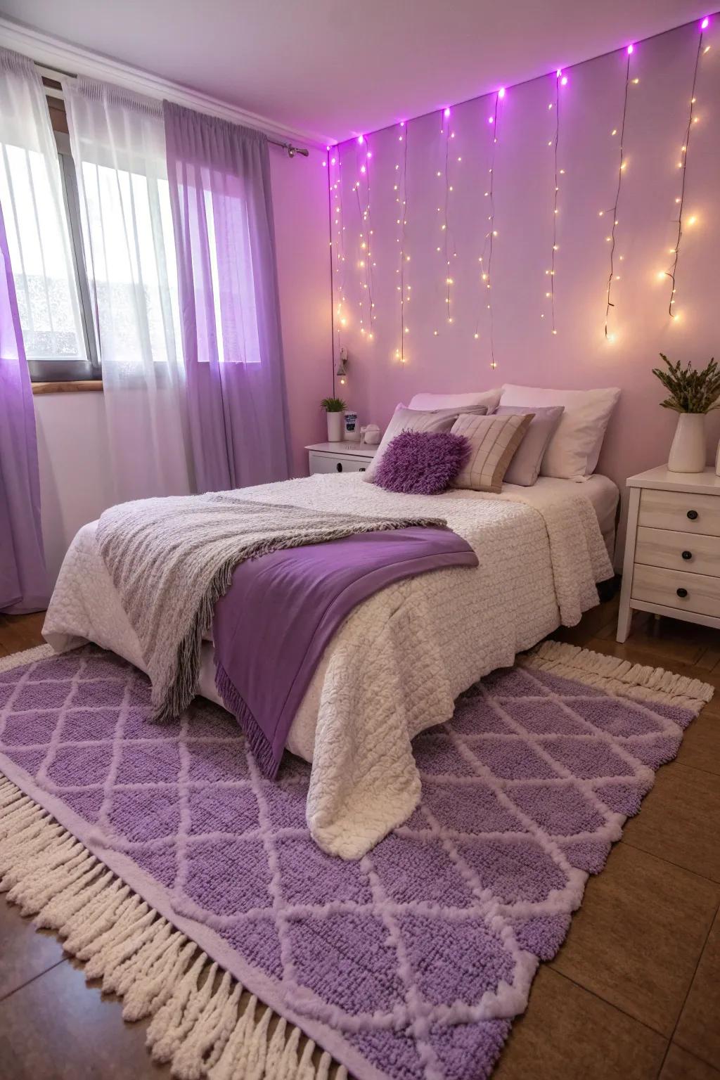 A plush purple and white rug ties the room together, offering comfort and style.