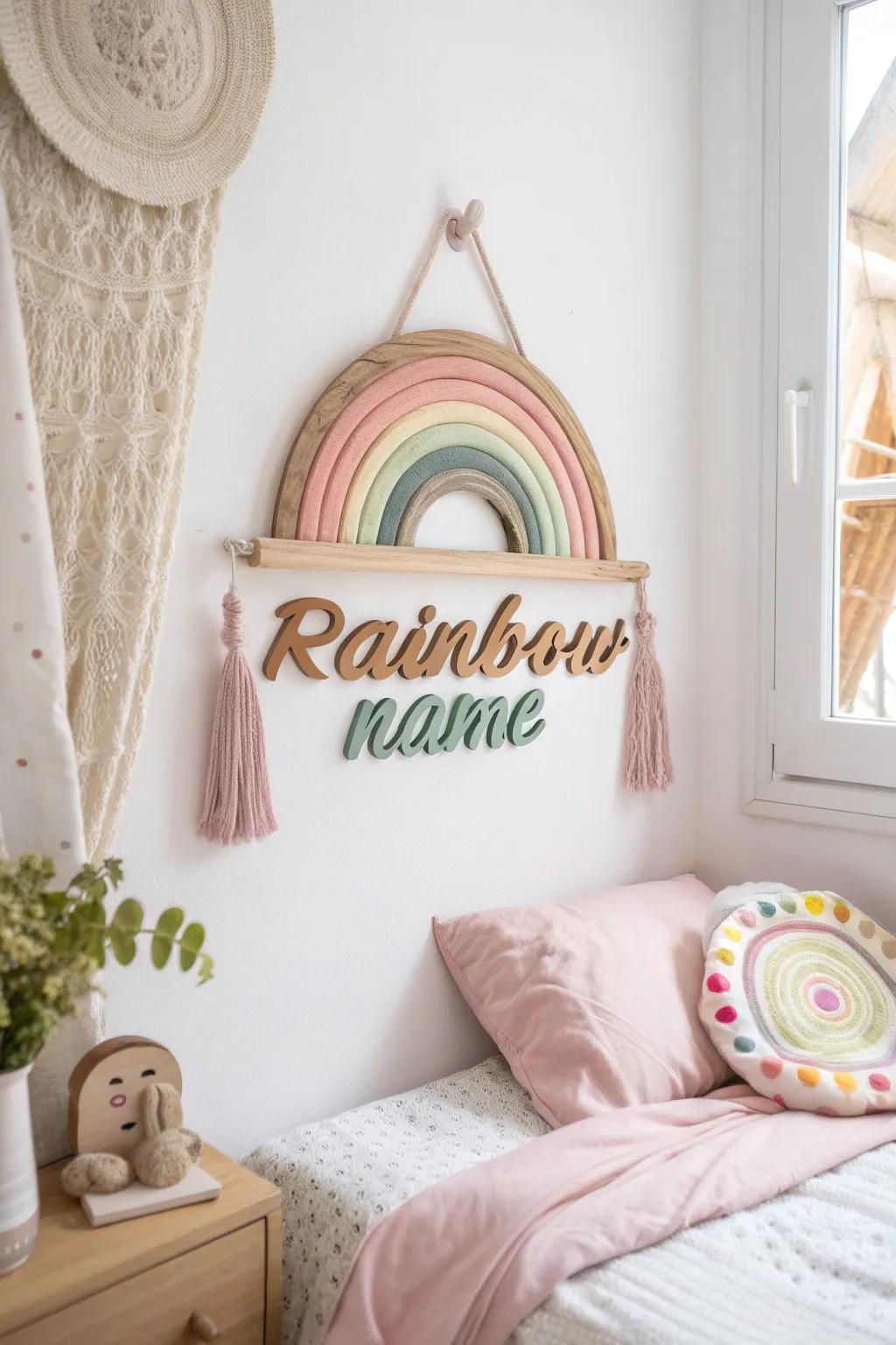 A custom rainbow name sign adds a personal and heartfelt touch to any child's room.