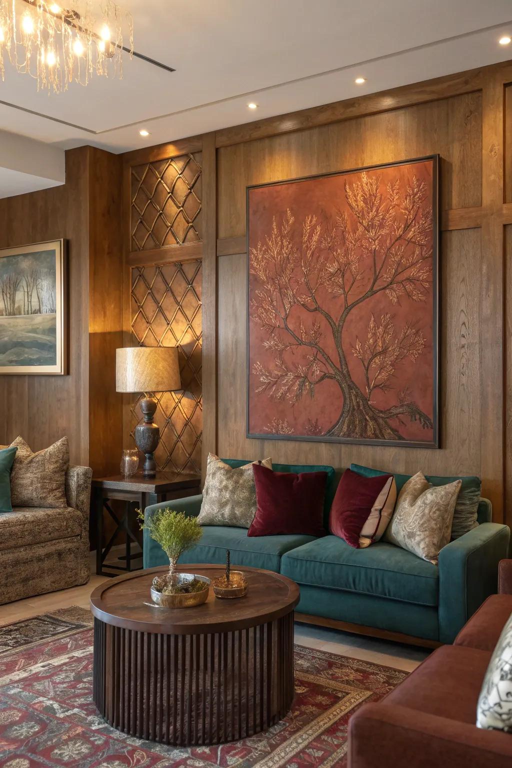 Rust-themed wall art ties the room together, serving as a perfect conversation starter.