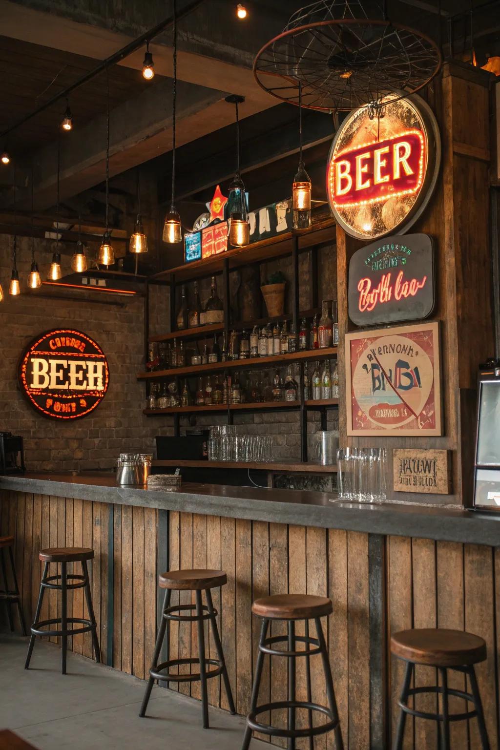 Vintage beer signs bring a nostalgic glow and personality to your rustic bar.