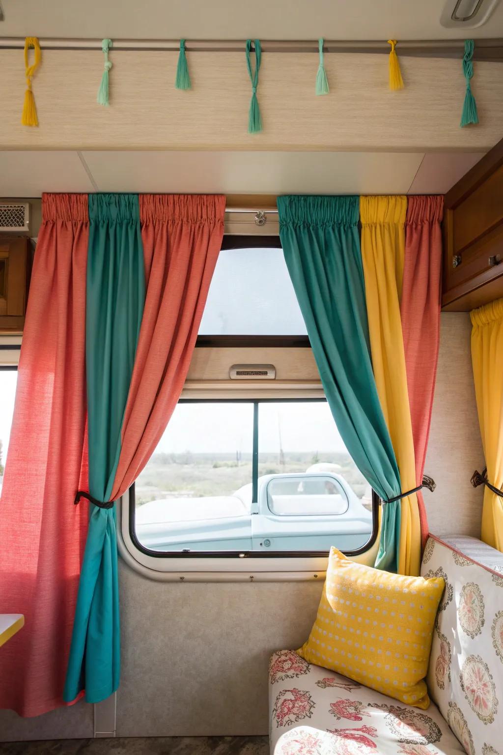 Enjoy privacy and comfort with blackout curtains paired with stylish valances. #CozyRV #PrivacyMatters