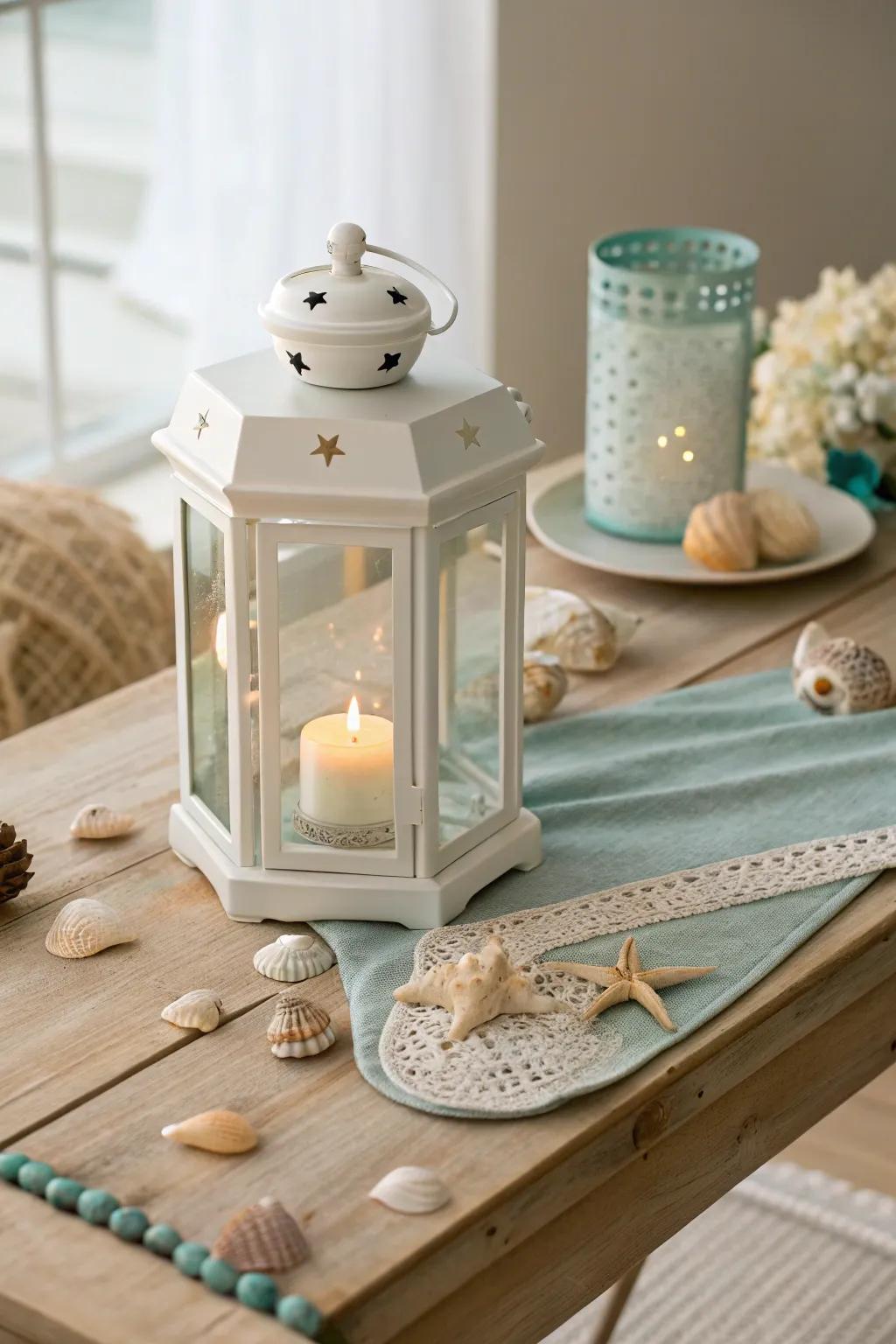 Illuminate your space with a shell-encrusted lantern, adding whimsical charm to any beach-themed setting.