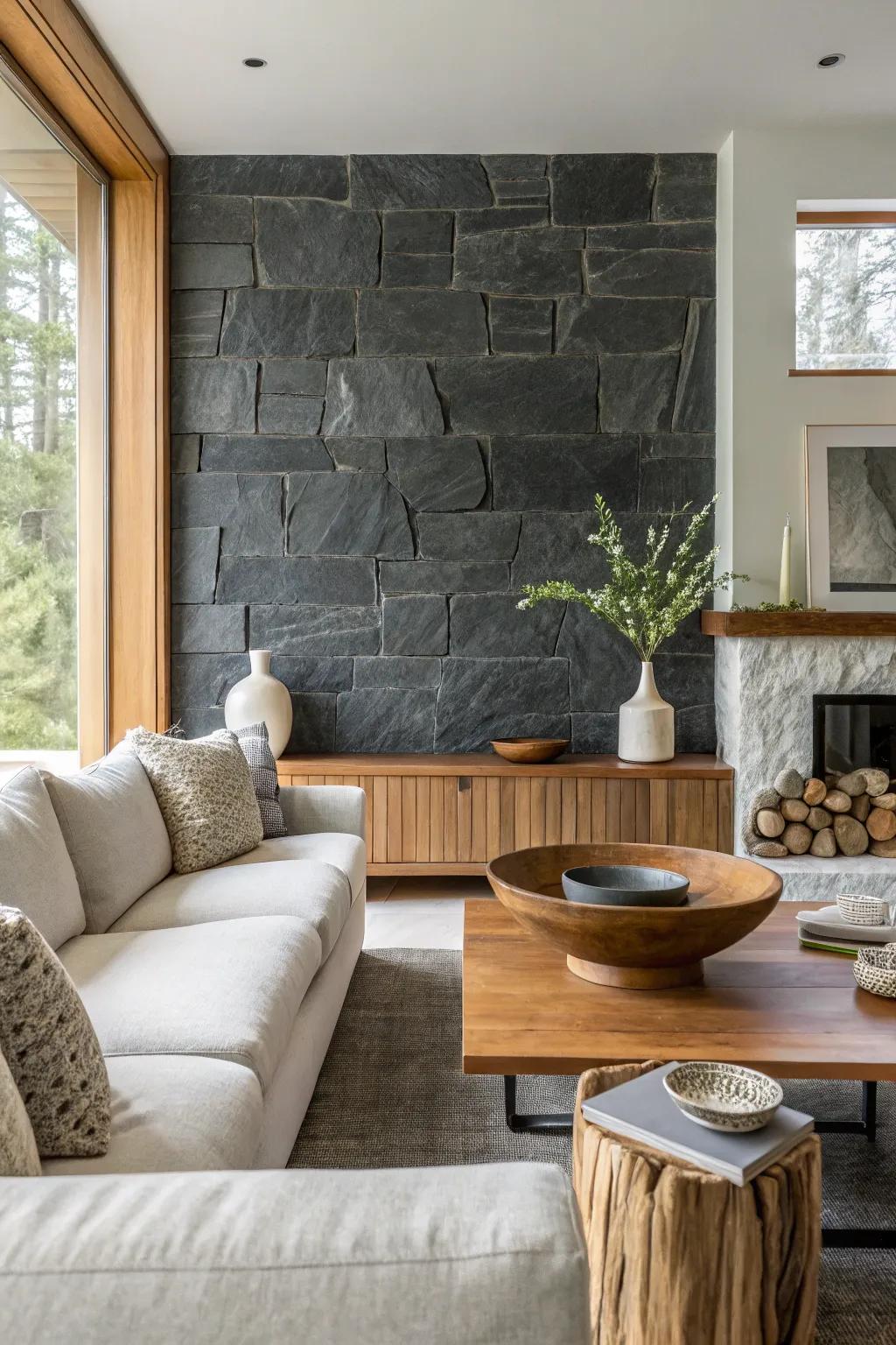 Add a dash of creativity with slate tiles arranged in unique patterns for a captivating visual impact.