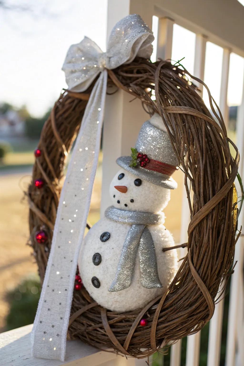 Shine bright with a sparkling snowman wreath that catches every eye.