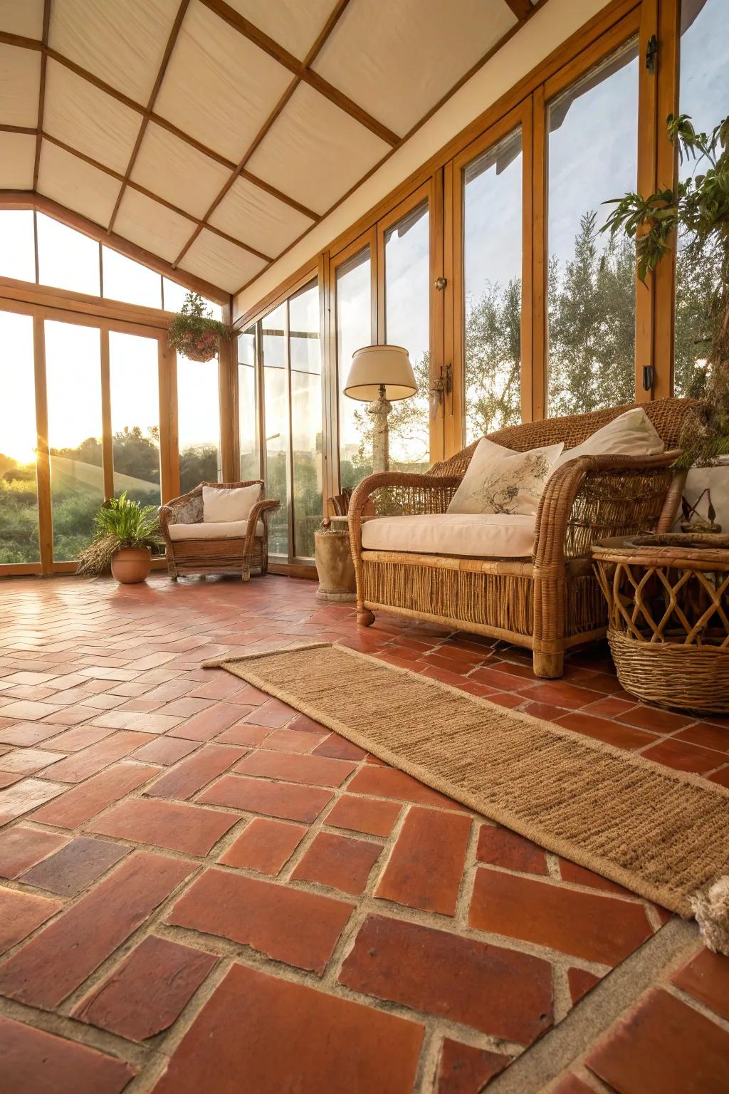 Terracotta tiles add warmth and rustic charm to your sunroom, creating a cozy retreat.