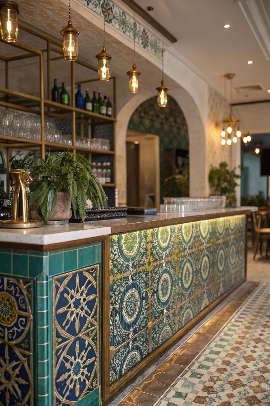 Unleash your creativity with mosaic tiles that transform your bar into a visual masterpiece.