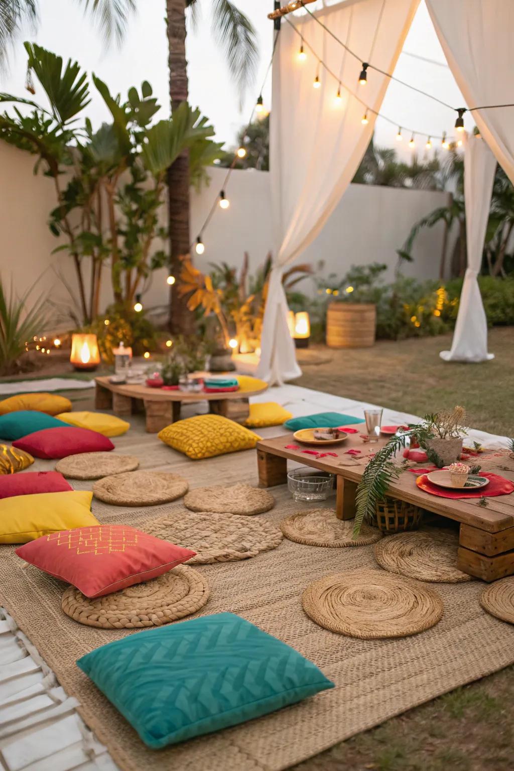 Relaxed seating arrangements invite guests to unwind and enjoy the party.