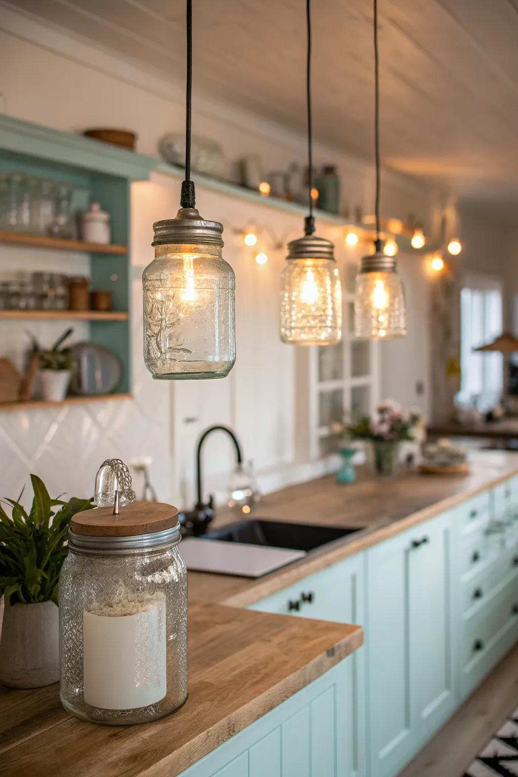 Add rustic charm with mason jar lighting that brings a homemade touch to your kitchen.