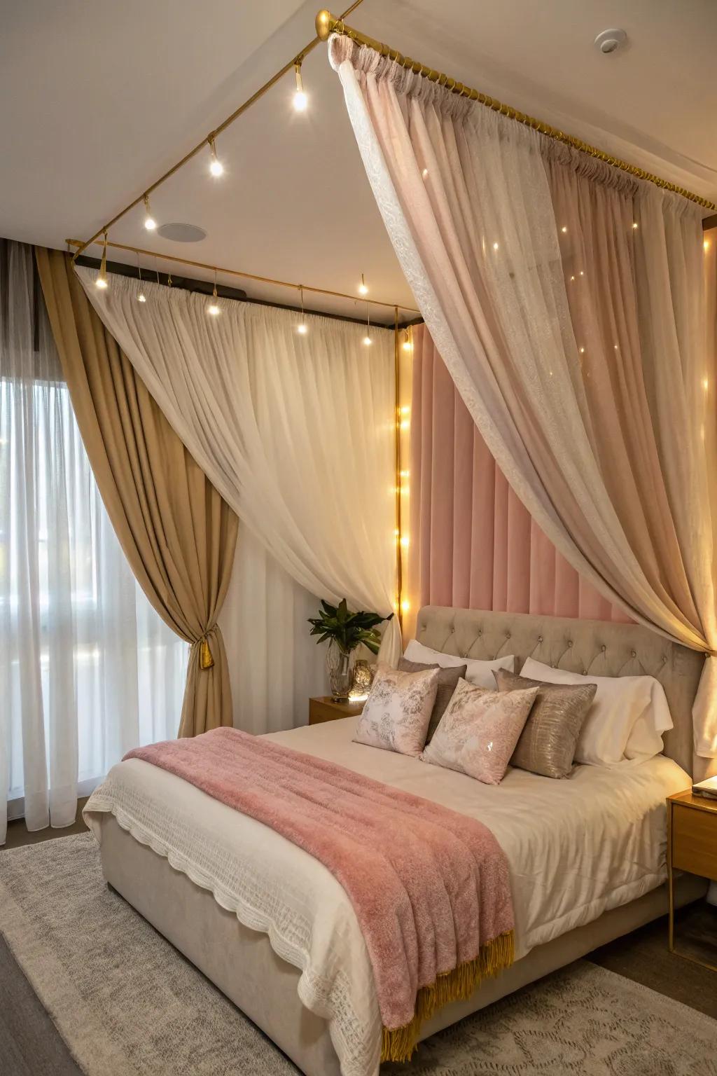 Turn your bedroom into a serene retreat with soft, flowing curtains that offer a touch of luxury.