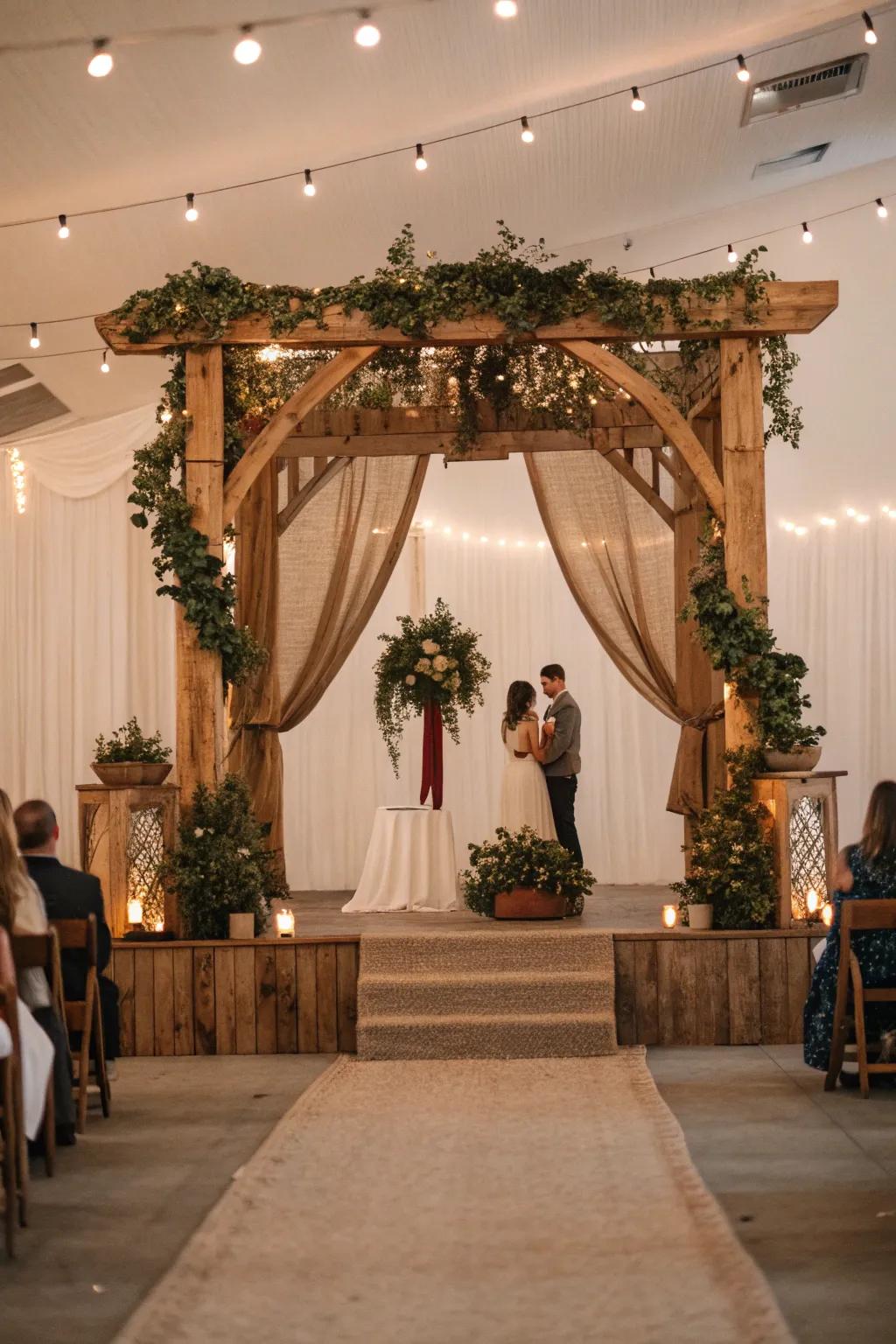 Rustic romance comes to life with wooden elements and earthy tones, creating a cozy and inviting wedding stage.
