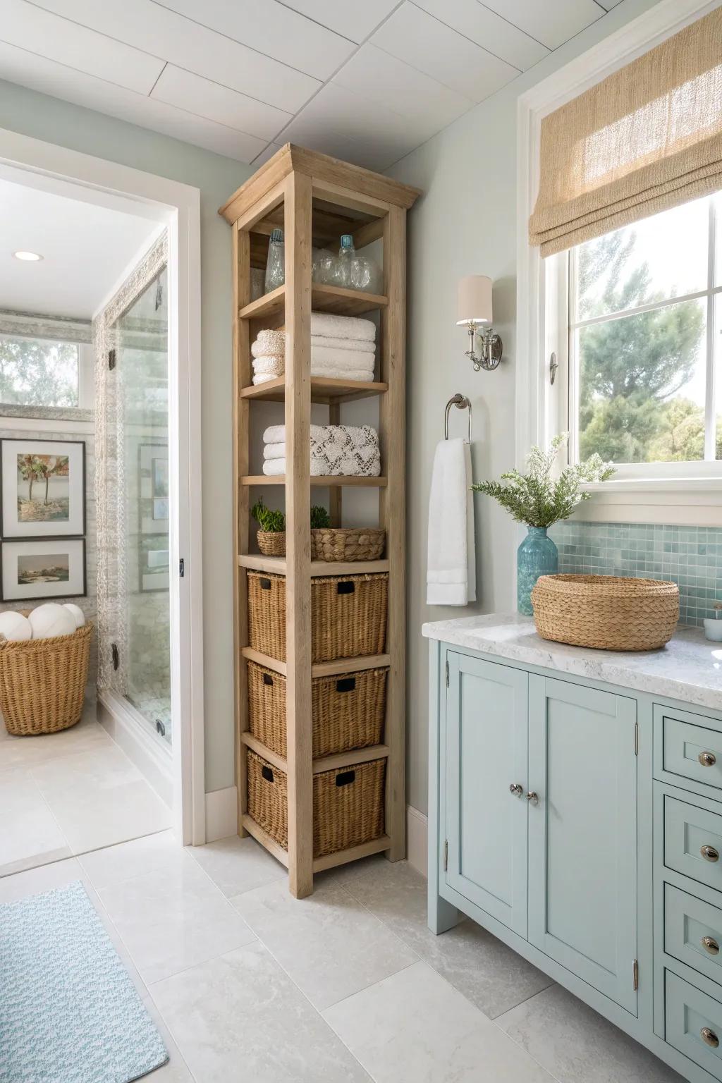 Vertical storage solutions keep your bathroom organized and clutter-free.