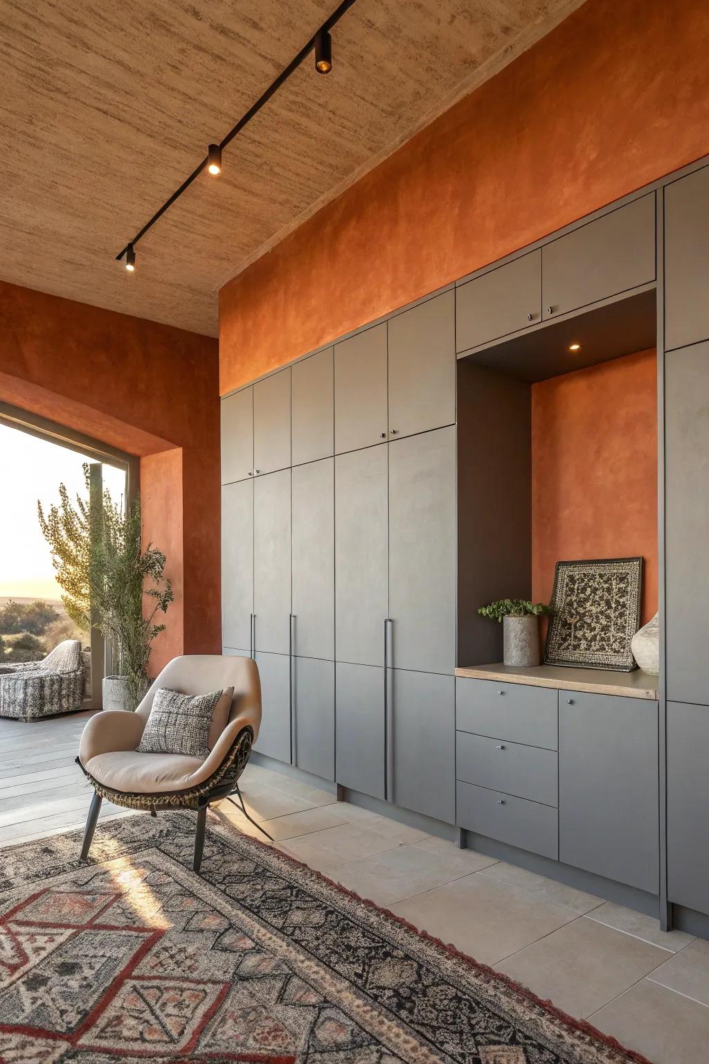 Warm up your kitchen with terracotta walls that add energy and contrast to gray cabinets.
