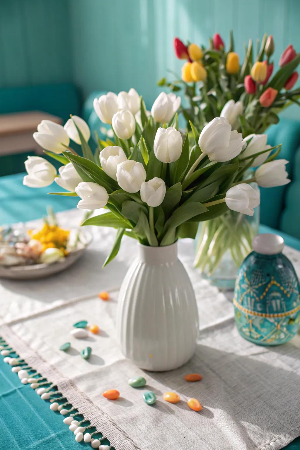 Morning serenity: White tulips bring a fresh start to any day with their pure elegance.