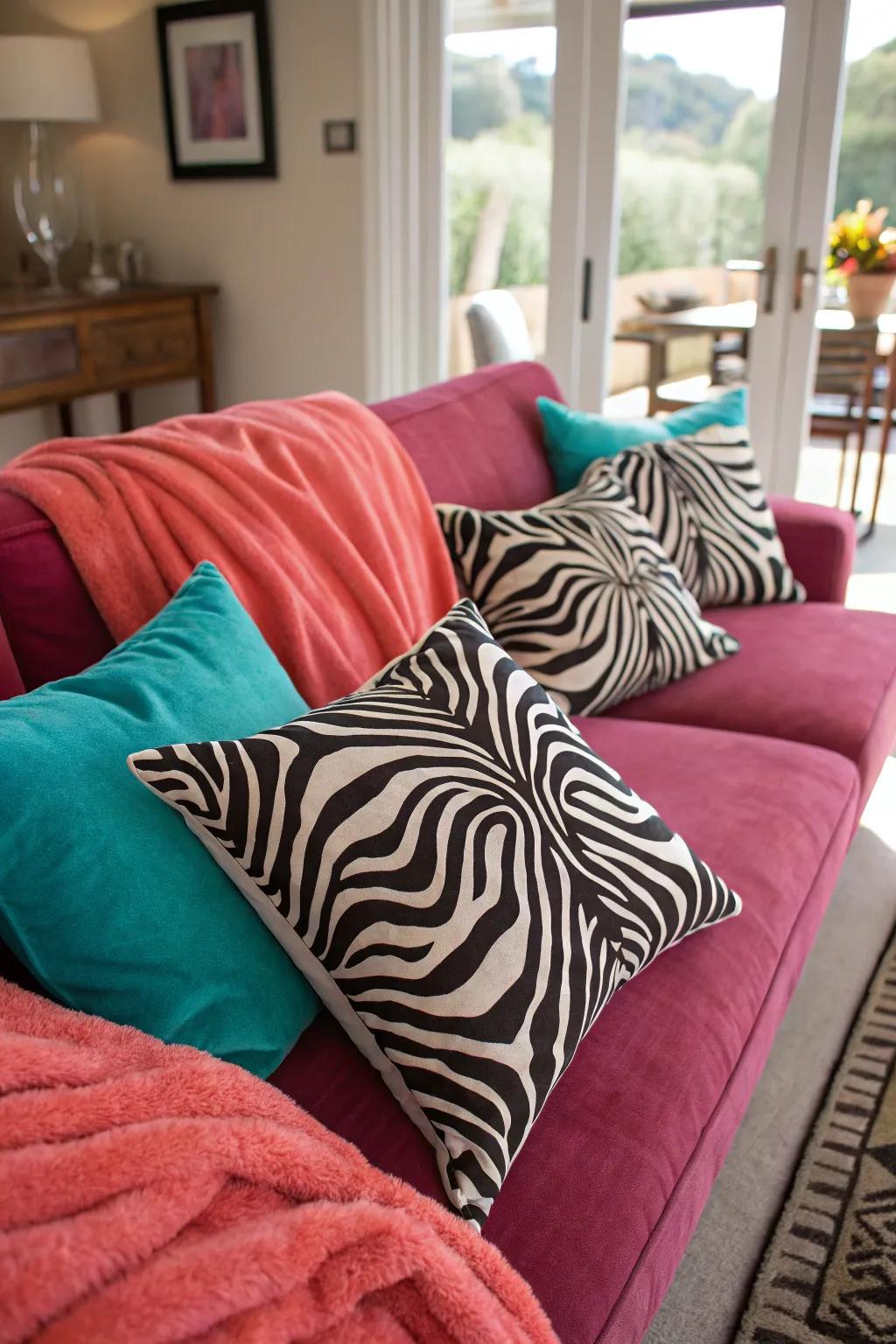 Zebra print pillows add playful sophistication to your seating area, perfect for a quick decor refresh.