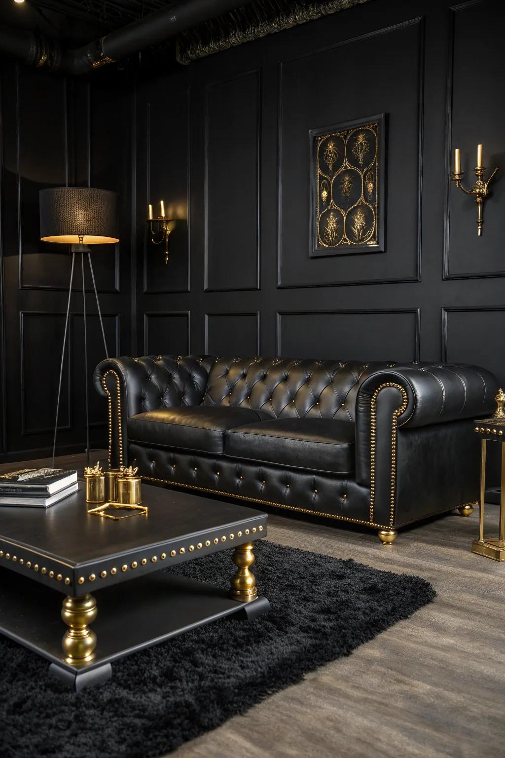 Gold accents bring a touch of luxury and shine to this striking black room. ✨ #LuxuryLiving #InteriorGoals