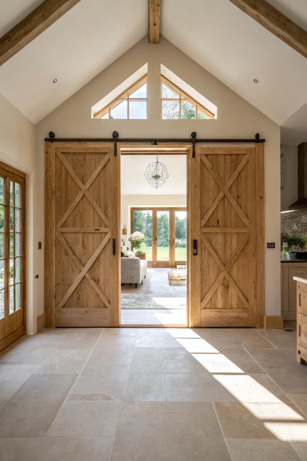 Double barn doors provide symmetry and grace, perfect for grand entrances. 🏡 #Symmetry #InteriorHarmony