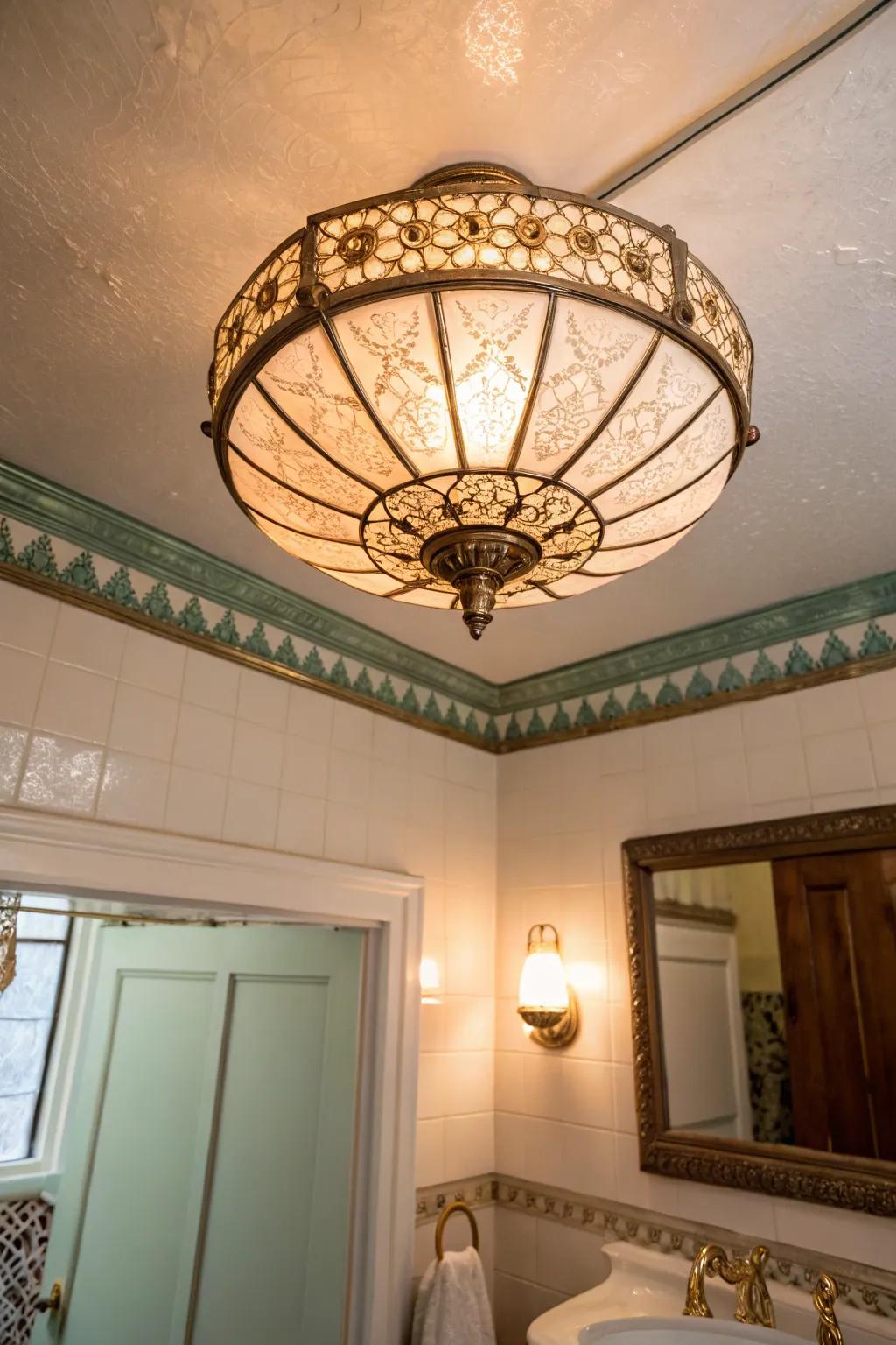 Infuse your bathroom with vintage charm using colorful art glass flush mounts. 🎨 #VintageVibes #BathroomStyle