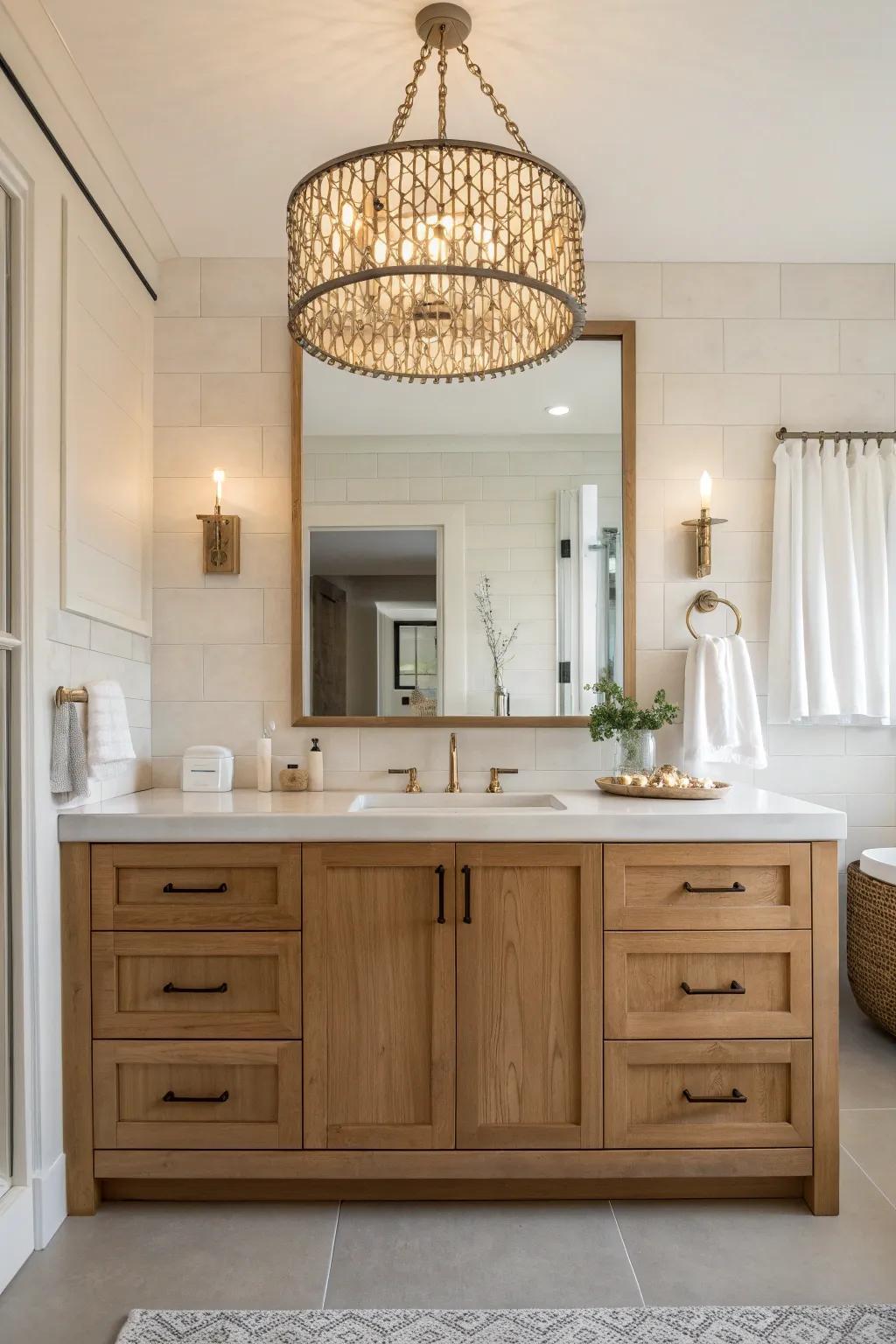 A statement lighting fixture transforms the bathroom, adding a touch of elegance to the oak cabinetry.