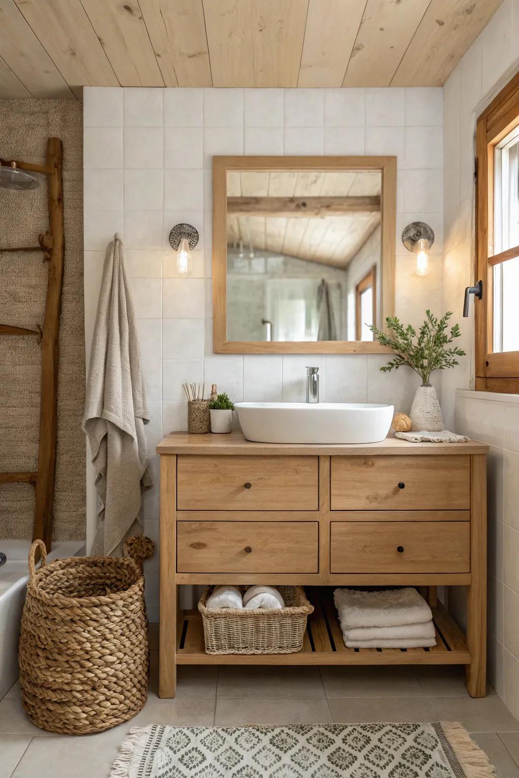 Add a touch of warmth with wood that perfectly balances modern and cozy. #WoodWarmth #CozyBathroom